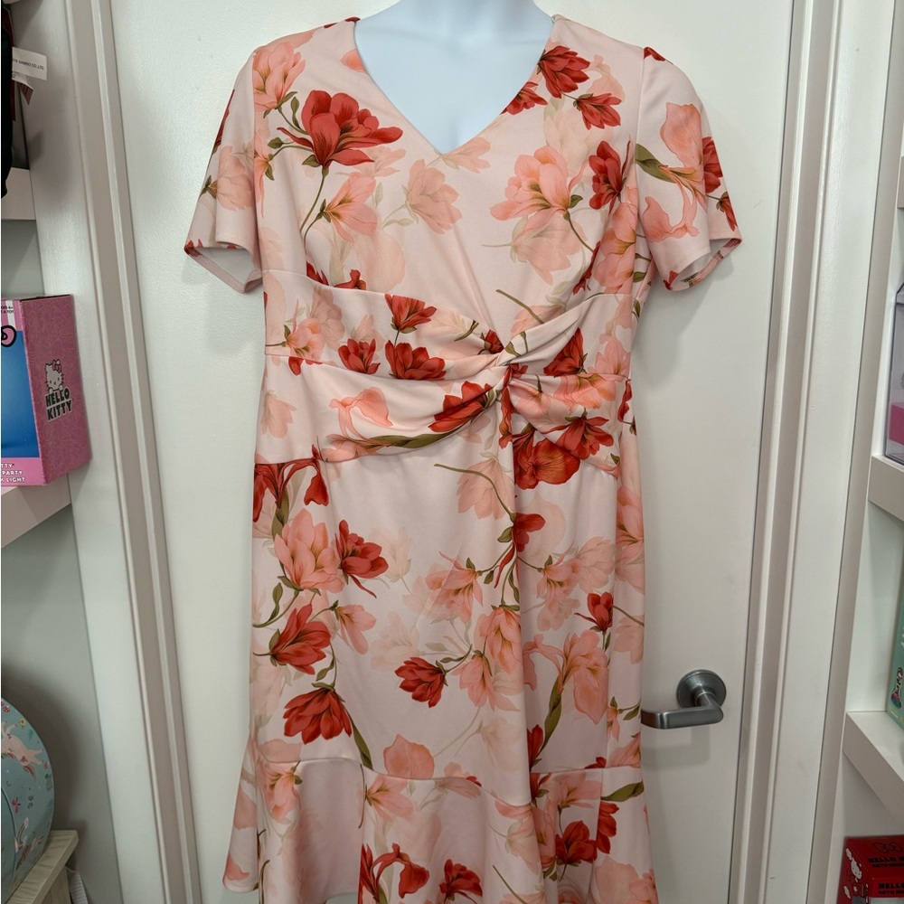 London Times Pink and Red Floral Midi Dress